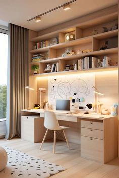 a room with a desk, chair and bookshelf next to a large window