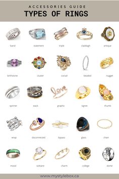 Types of Rings Type Of Rings Style, Different Types Of Accessories, Different Types Of Rings Style, Types Of Jewelry Style, Types Of Rings Style, Ring Wearing Guide, Ring Styles Guide, Jewelry Vocabulary, How To Style Rings