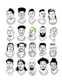 an illustrated drawing of soccer players with different hair styles and facial expressions, all in black and white