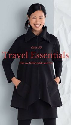 a woman standing in front of a white wall with the words travel essentials on it