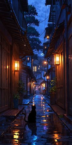 a cat sitting in the middle of an alley way at night