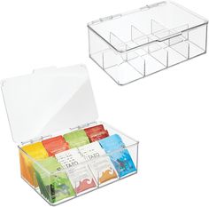 two clear storage boxes with dividers on the top and bottom, each containing different items