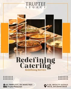 a flyer for a redeffining catering service, with food on the table