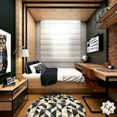 a bedroom with a bed, desk and television on the wall next to a brick wall