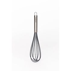 a metal whisk on a white background with a black wire in the middle