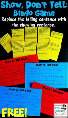 an ad for the show don't tell game with four pieces of yellow and blue paper