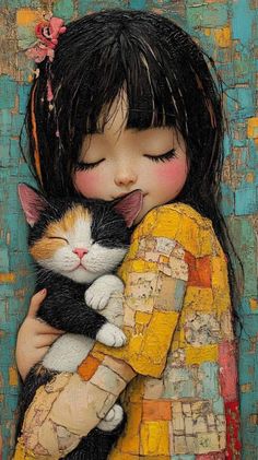 a painting of a girl hugging a cat