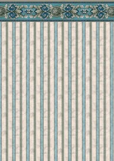 a blue and white striped wallpaper with an ornate design on the bottom half of it