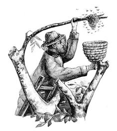 a drawing of a man with a hat on holding a stick and throwing rocks into the air