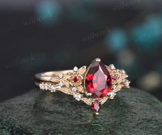 Vintage Pear Red Ruby Engagement Ring Solid 14k Rose Gold Twig Leaf Floral Antique Unique Cluster Diamond Bridal Wedding Ring Set Women Gift - Etsy Ruby Ring Vintage Red Antique Jewelry, Ruby And Gold Engagement Ring, Red Rings Engagement, Ruby And Gold Ring, Red And Gold Ring, Opal And Ruby Ring, Ruby And Emerald Ring, Engagement Rings With Ruby, Diamond And Ruby Engagement Rings