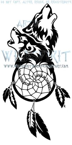 a black and white drawing of a wolf with a dream catcher on it's head