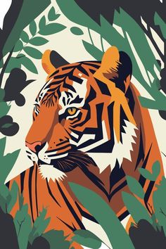 a tiger in the jungle surrounded by plants and leaves on a white background with orange, black, and green colors