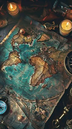 an old world map surrounded by candles and other items