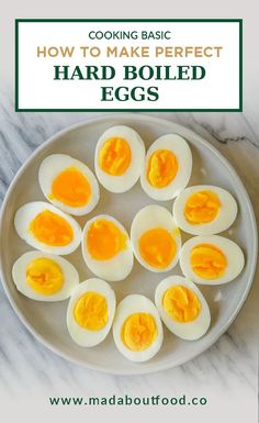 hard boiled eggs on a plate with text overlay how to make perfect hard boiled eggs