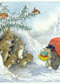 there is a hedge and many rabbits in the snow with presents on it's lap