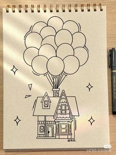 a drawing of a house with balloons in the air