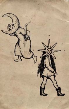 an old drawing of two people walking with the moon and stars on their heads,