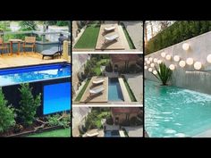 four different shots of an outdoor pool and patio with lights hanging from the ceiling above it