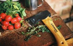 tomatoes and herbs are on a cutting board next to a knife with a wooden handle