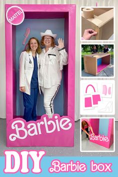 two women standing in a cardboard barbie box with the words barbie on it and an advertisement for barbie