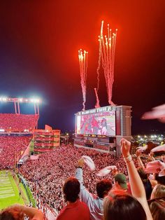 a stadium filled with lots of people watching fireworks