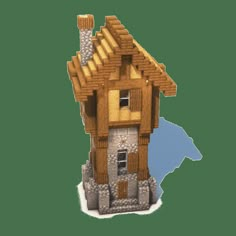 an image of a small house made out of wood and stone with bricks on the roof