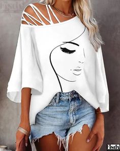 Fisdy - Blusa de manga campana con estampado abstracto y hombros descubiertos Blouse Size Chart, Denim Ideas, Chic Type, Blouse Material, Bell Sleeve Blouse, Shoulder Shirts, Olivia Mark, Fashion Tops, Abstract Print