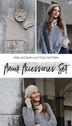 the free knitting pattern for an adult - sized hat and mittens is shown in three different styles