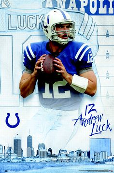 a football player holding a ball in front of a cityscape with the colts on it