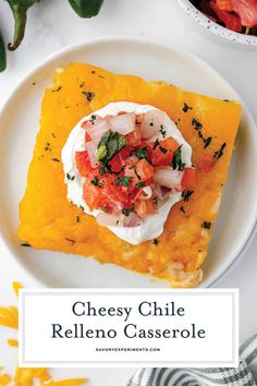 cheesy chile relleno casserole on a white plate with the title above it