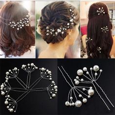 three pictures of different styles of hair pins with pearls on them, and the same one is