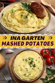 mashed potatoes in a bowl with parsley on top and an image of the same dish