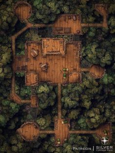 an aerial view of a wooden house in the middle of a forest with lots of trees