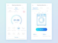 two app screens showing washing machines and the timer on each screen, with different settings