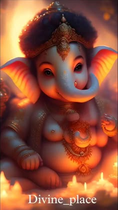 a painting of an elephant sitting on top of a cloud filled sky with the words divine place written below it