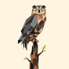 an owl sitting on top of a tree branch in low polygonic art style