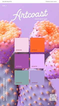 the color scheme for artcoast is shown in shades of purple, orange and pink