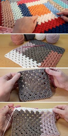 the crochet granny blanket is being worked on by someone using yarn to make it