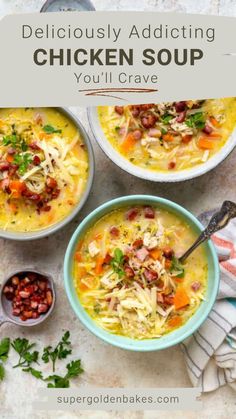 three bowls filled with chicken soup and garnished with parsley on the side