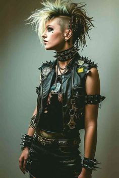 In post-war Britain, punk emerged as a raw, unapologetic response to social unrest and economic struggles. It was more than just fashion; it was a statement against the status quo.  Key elements like ripped clothing, safety pins, and leather jackets were not just stylistic choices but symbols of protest and individuality. Punk Rock Portrait, Alternative Outfits Punk, Punk Female Outfit, 80s Punk Fashion Women, 70s Punk Fashion, Punk High Fashion, Punk Rocker Costume, Punk Fashion Women, 80s Punk Fashion