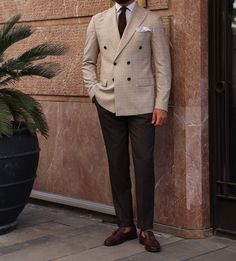 Suit Combination For Men, Double Breasted Suit Wedding, Dark Cream Suits For Men, Breasted Blazer, Two Tone Suit Men Wedding, Four Button Suit Men, Suits For Brown Skin Men, Fashion Suits For Men Classy, Tan Double Breasted Blazer