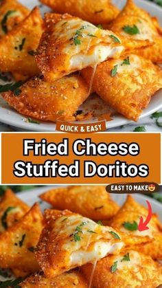 fried cheese stuffed doritos on a white plate with the title overlay reading quick and easy