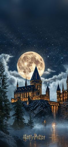 hogwarts castle in the night with full moon