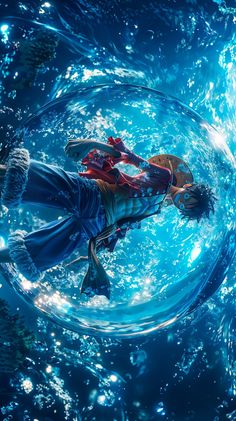 the character is floating in the water with his hands on his hips and looking up