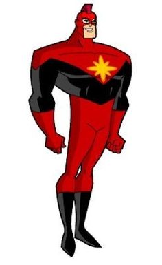 the animated character is dressed in red and black with a yellow star on his chest