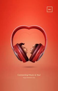 a red heart with headphones on it and the words, connecting music & you happy valentine's day