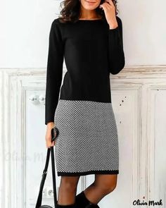 Color: black, Size: L Dress With Black Tights, Long Sleeve Work Dress, Shift Dresses For Women, Crew Neck Dress Outfit, Crew Neck Dress, Winter Chic, Shift Dresses, Cotton Blends Dress, Crewneck Dress