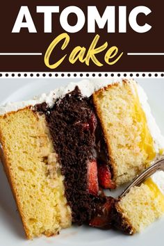 a slice of cake on a white plate with the title above it