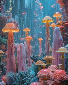 an underwater scene with jellyfish, corals and other marine life in the water