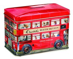 a red double decker bus shaped box with pictures on the front and sides, sitting in front of a white background